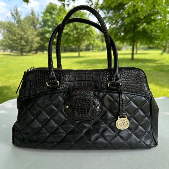 Brahmin Debi Tulip Melbourne Satchel Black Croc Embossed /Quilted Leather Purse - Picture 1 of 16